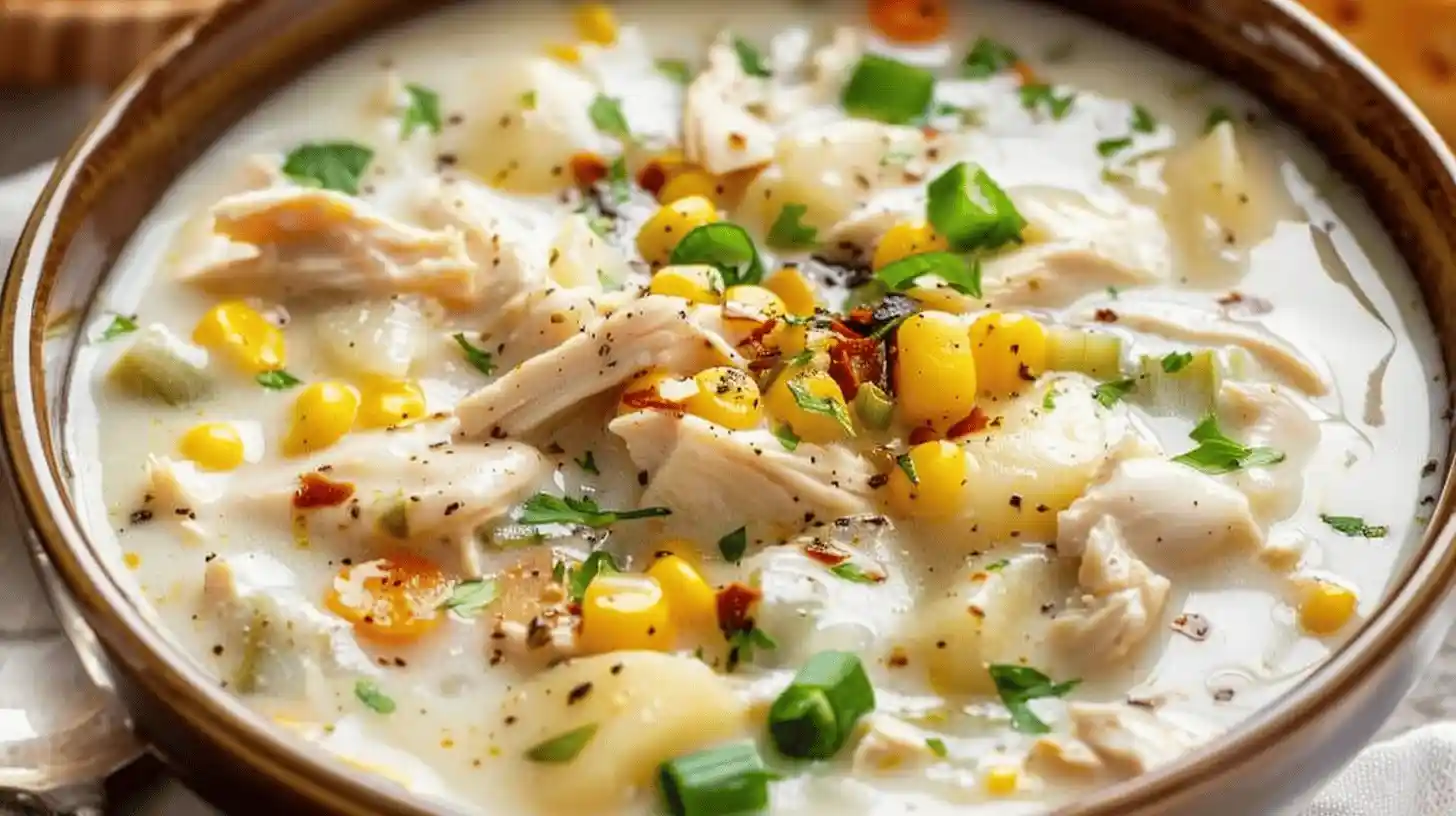 Close-up of chicken corn chowder with pieces of chicken, corn, and herbs in a creamy broth.