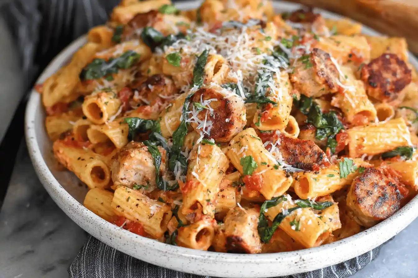 A bowl of Chicken Sausage Pasta with rigatoni, chicken sausage, spinach, and Parmesan cheese.