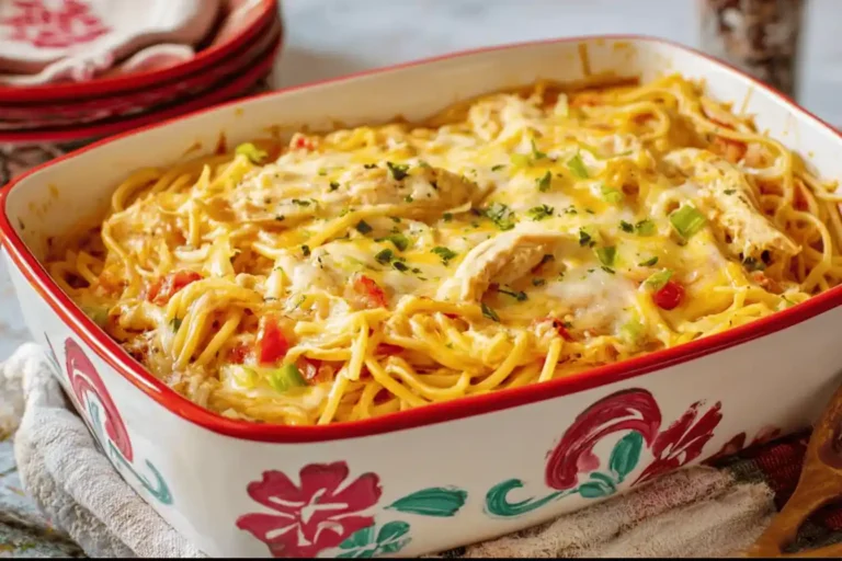 Chicken spaghetti casserole with melted cheese in a floral baking dish.