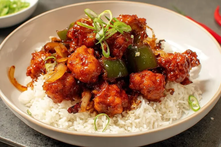 A close-up of a bowl of delicious Chili Chicken served over white rice, garnished with green onions and featuring bell peppers.