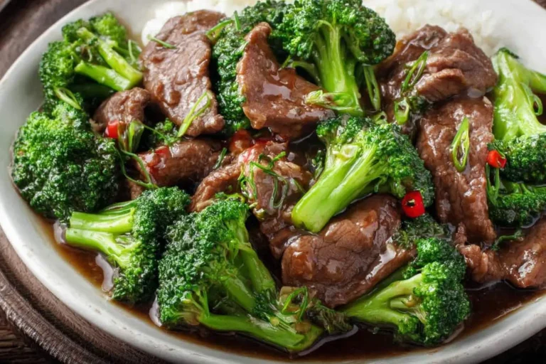 A close-up shot of a classic Chinese Beef and Broccoli stir-fry with white rice, garnished with green onions and red chilies.