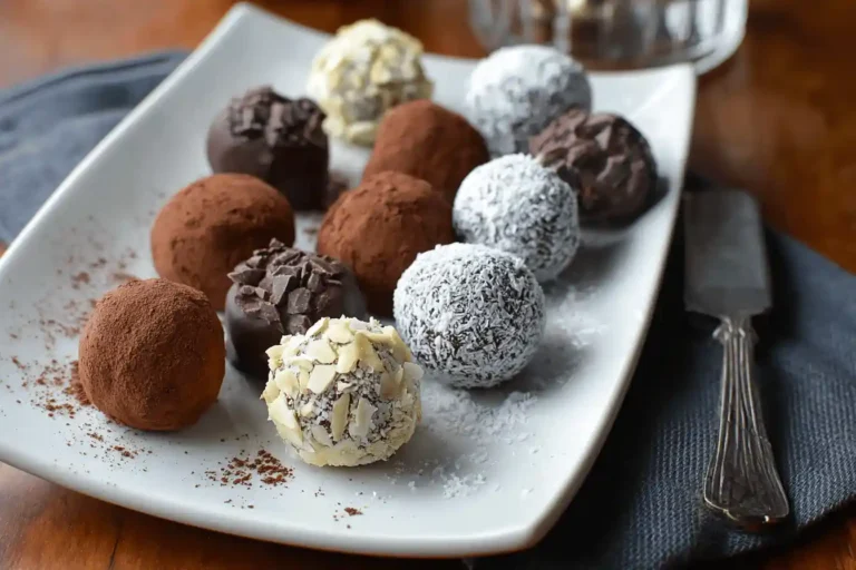 Assorted chocolate truffles on a plate with different coatings like cocoa and coconut.