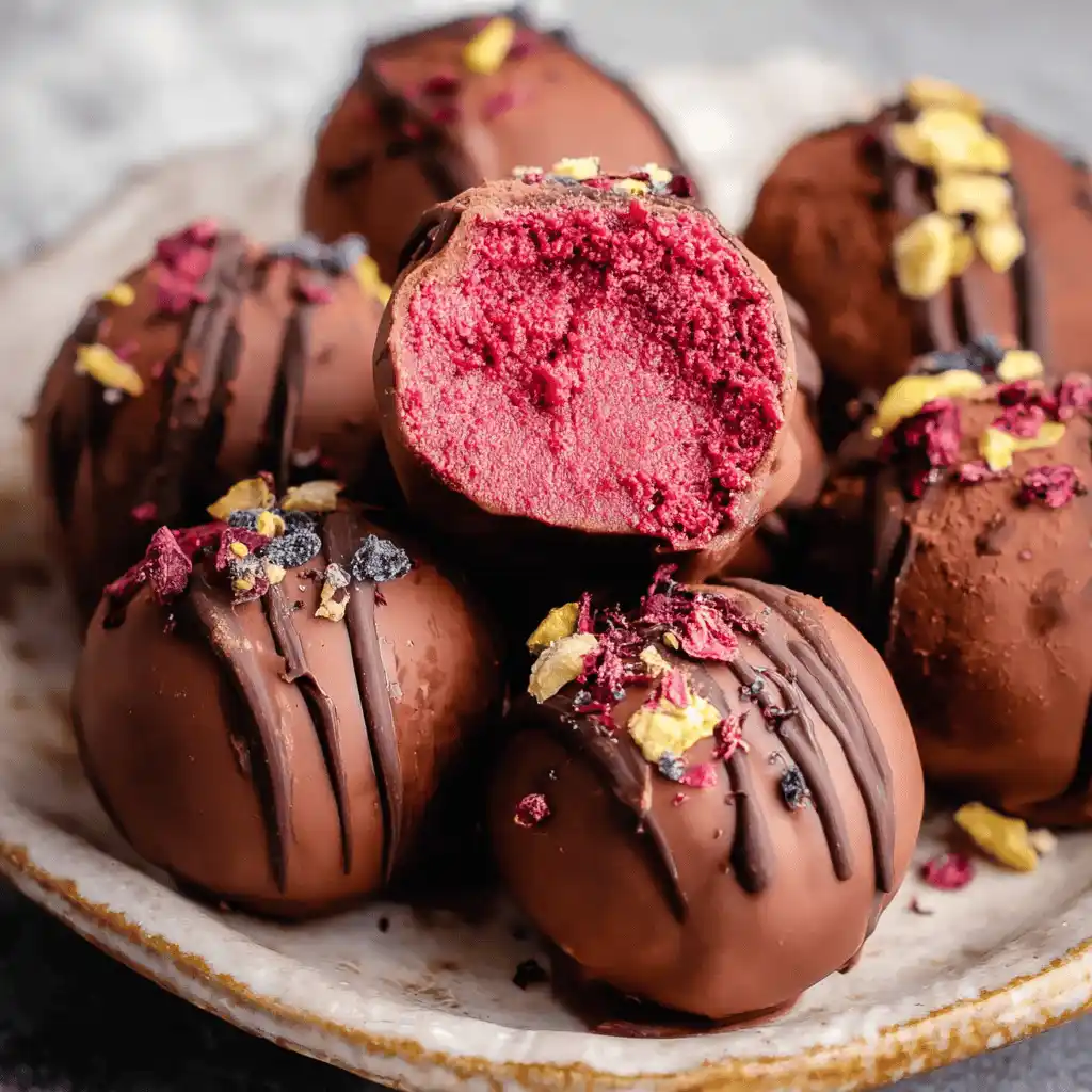 Rich chocolate truffles coated in cocoa powder, sprinkles, and crushed nuts for an elegant bite-sized dessert.