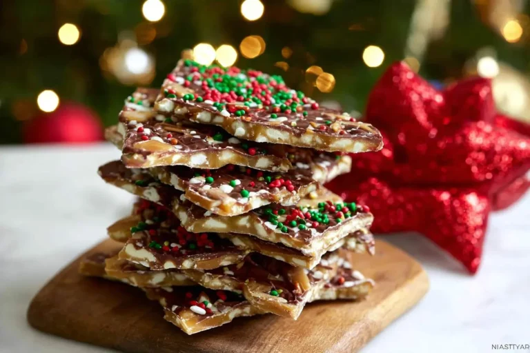 A stack of festive christmas cracker toffee pieces topped with chocolate and red and green sprinkles, with a blurred Christmas tree in the background.