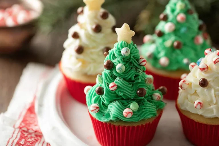 A close-up shot of festive green and white Christmas Tree Cupcakes adorned with candy and chocolate balls, ready for the holidays.