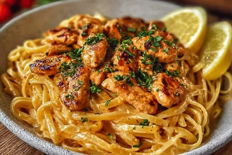 A close-up of a plate of creamy cowboy butter chicken linguine topped with grilled chicken pieces, fresh parsley, and lemon wedges.