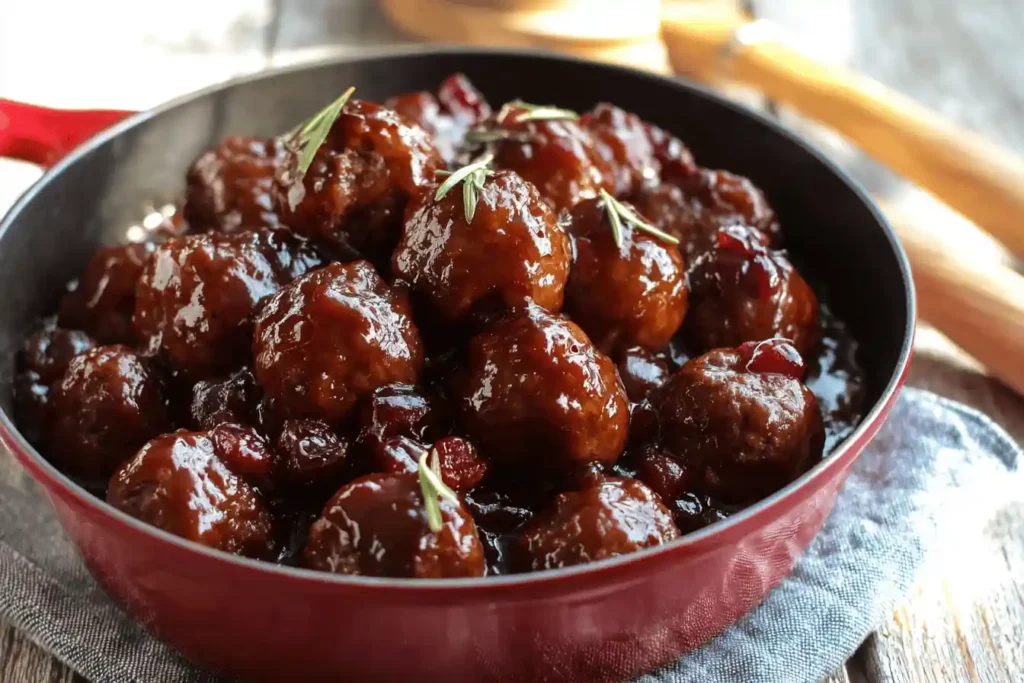 Cranberry meatballs in a bowl with cranberry glaze and rosemary garnish.