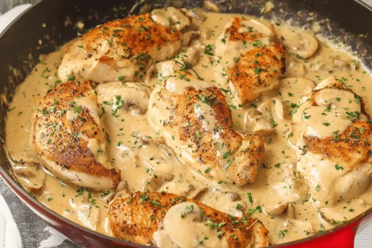 Creamy Garlic Chicken with golden-brown chicken breasts in a garlic sauce, garnished with herbs.