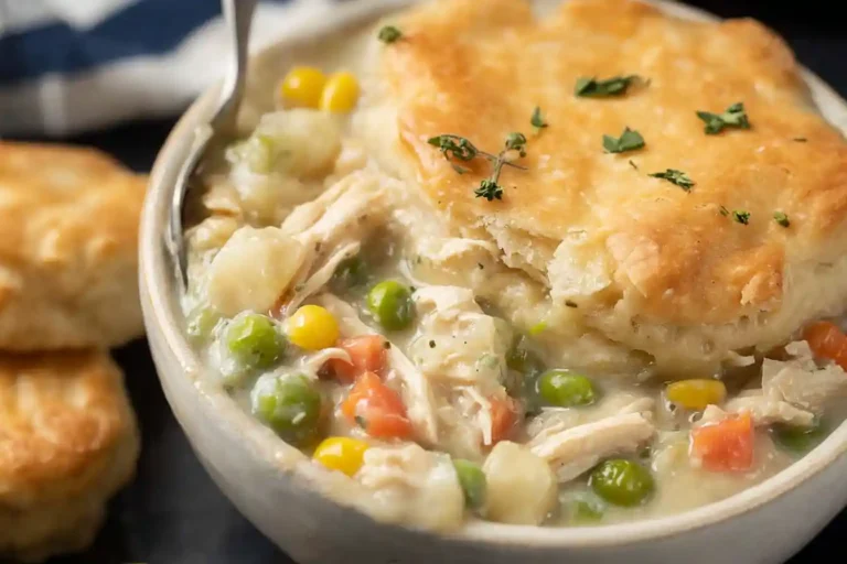 A creamy and hearty Crockpot Chicken Pot Pie, topped with a golden, flaky crust, is presented in a serving dish.