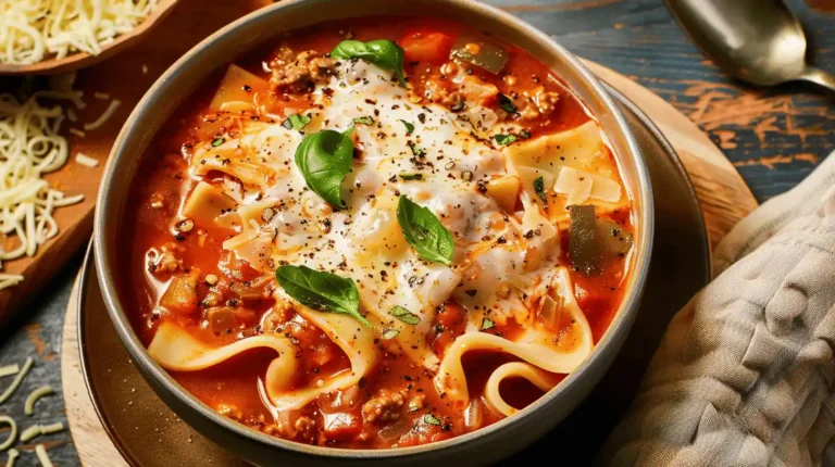 Crockpot lasagna soup with noodles, meat, and basil in a bowl.