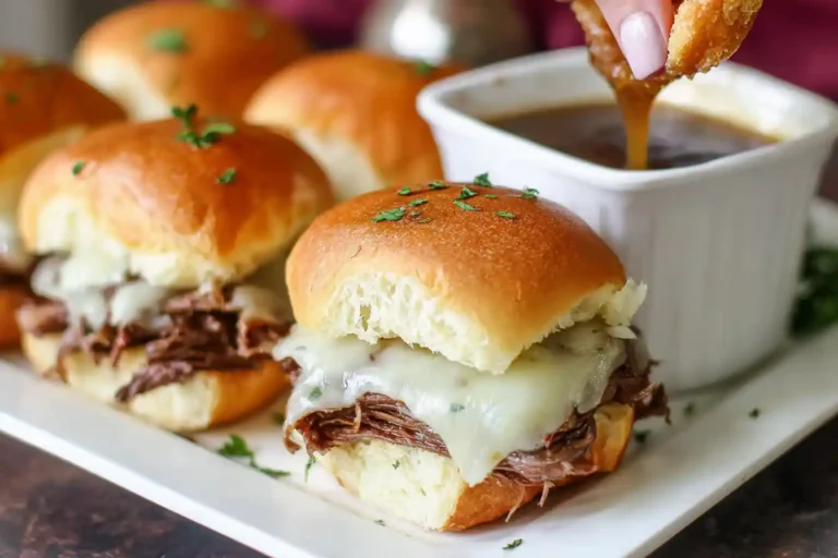 A close-up shot of several appetizing french dip sliders arranged on a wooden board, with small ramekins of au jus beside them.