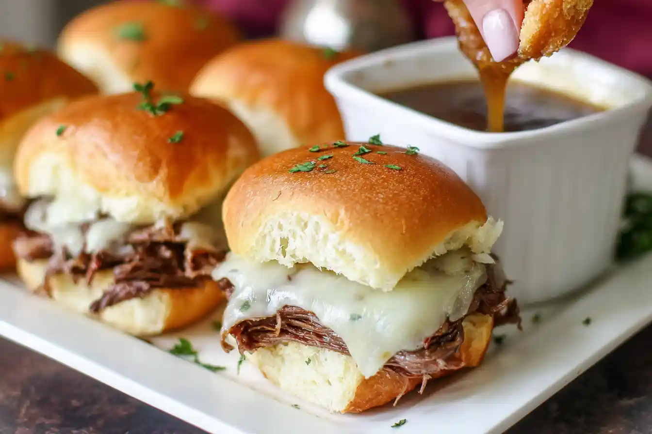 A close-up shot of several appetizing french dip sliders arranged on a wooden board, with small ramekins of au jus beside them.