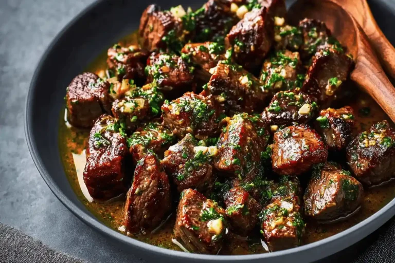 Garlic butter steak bites served in a skillet with fresh herbs and a savory sauce.