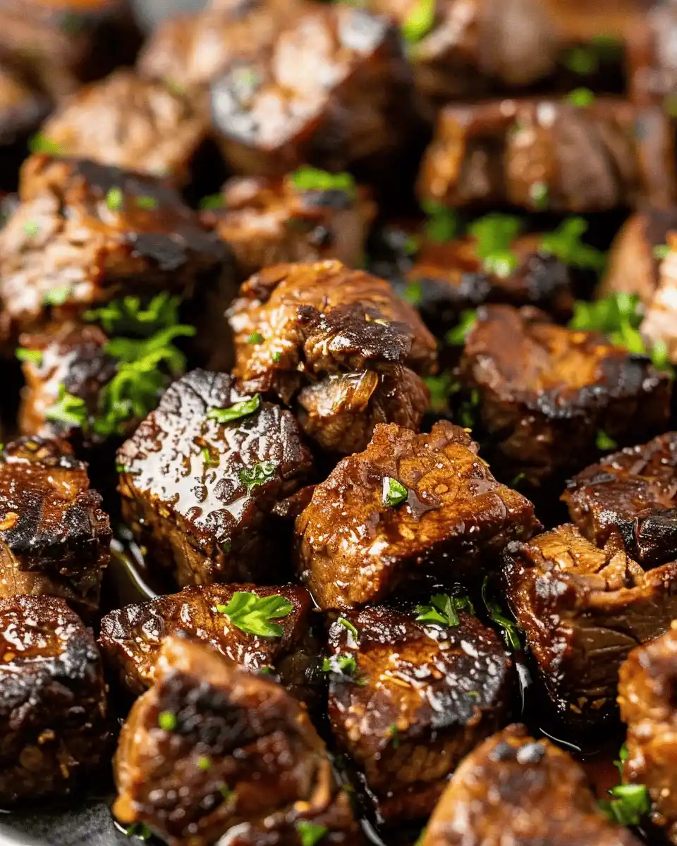 Garlic Butter Steak Bites Recipe Juicy garlic butter steak bites seared to perfection and garnished with fresh parsley.