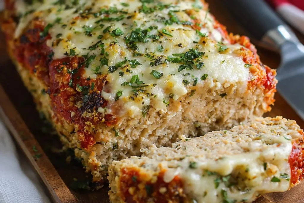 A close-up of a sliced Garlic Parmesan Chicken Meatloaf topped with melted cheese, tomato sauce, and fresh parsley on a wooden board.