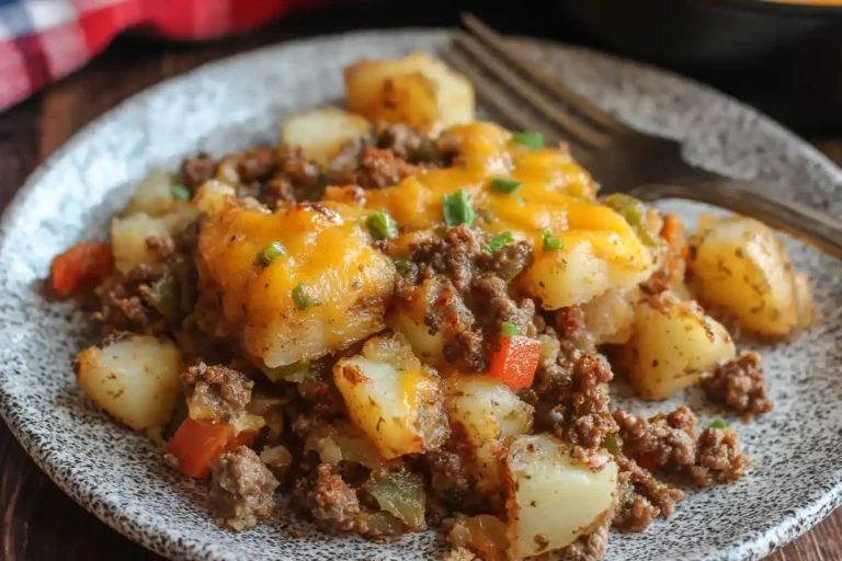 A bubbling hobo casserole, topped with golden-brown melted cheese, is served in a white baking dish on a rustic wooden surface.