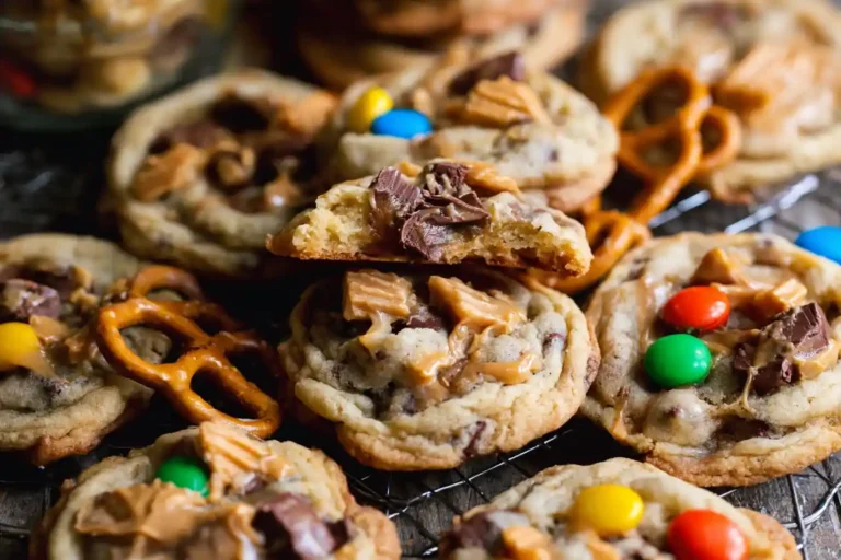 A close-up view of several golden-brown Kitchen Sink Cookies, generously studded with chocolate chips, pretzels, and other mix-ins, cooling on a wire rack.