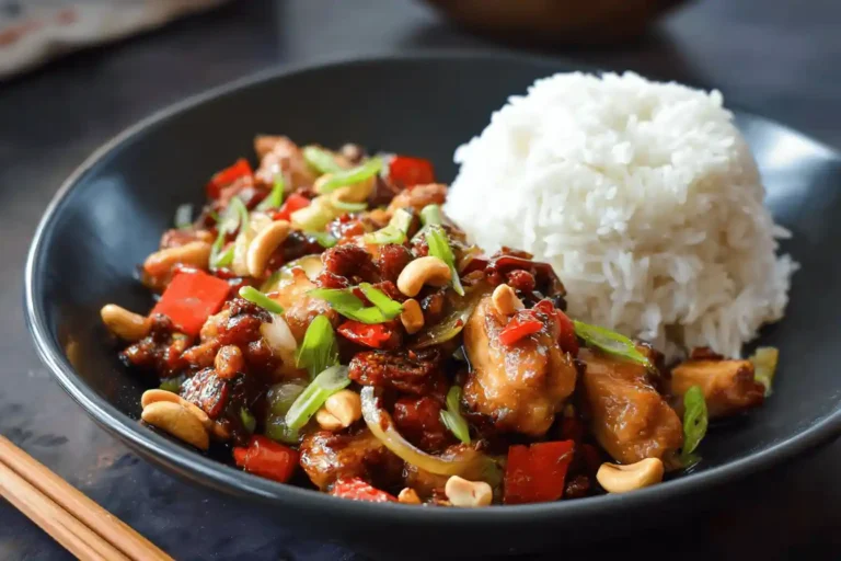 Plate of kung pao chicken with rice, featuring chicken, red peppers, cashews, and green onions.