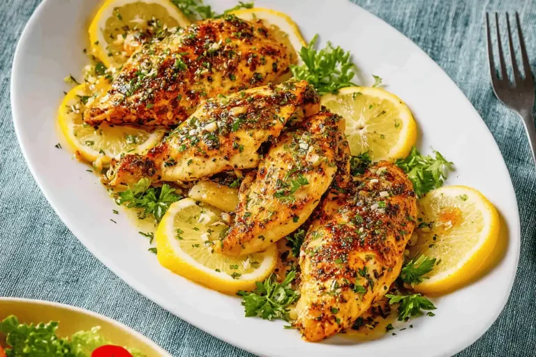 A platter of lemon garlic chicken garnished with fresh parsley and lemon slices.