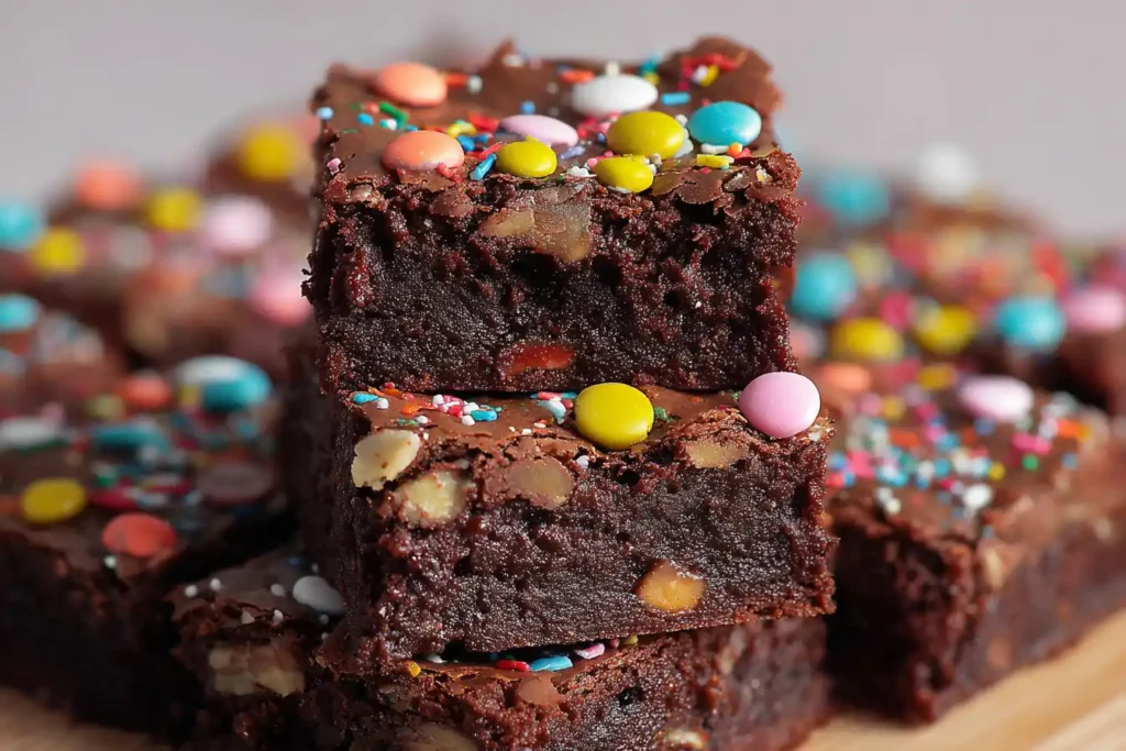Homemade copycat cosmic brownies topped with colorful sprinkles, showcasing their rich chocolate texture.