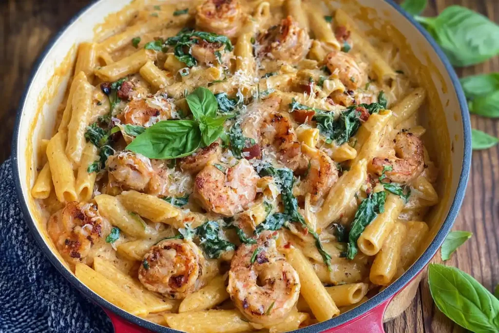 A close-up view of a vibrant Marry Me Shrimp Pasta dish, featuring plump shrimp nestled in a creamy, red-sauced pasta, garnished with fresh herbs.