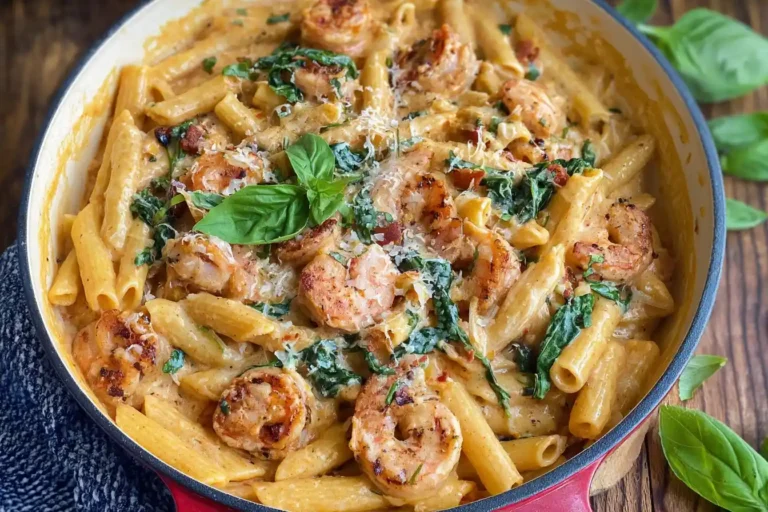 A close-up view of a vibrant Marry Me Shrimp Pasta dish, featuring plump shrimp nestled in a creamy, red-sauced pasta, garnished with fresh herbs.