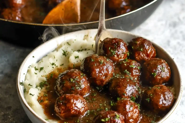 Close-up view of savory Meatballs and Gravy, showcasing rich brown gravy over plump meatballs in a white serving bowl