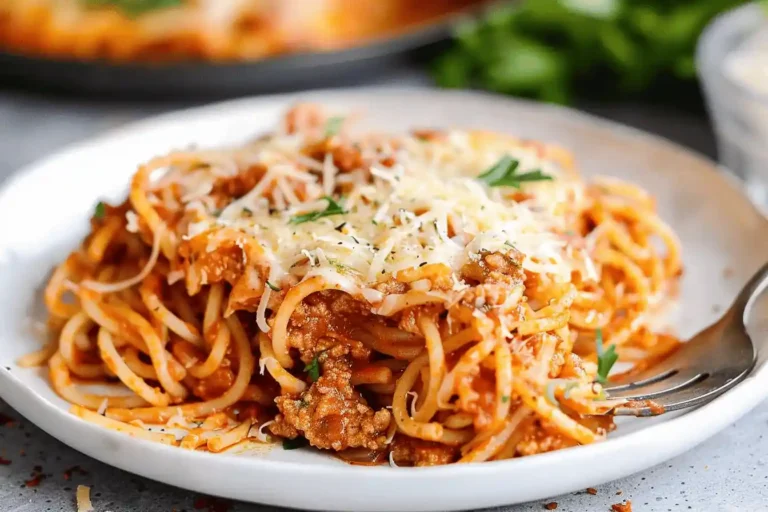 Close-up of million dollar spaghetti with meat sauce and cheese on a white plate.