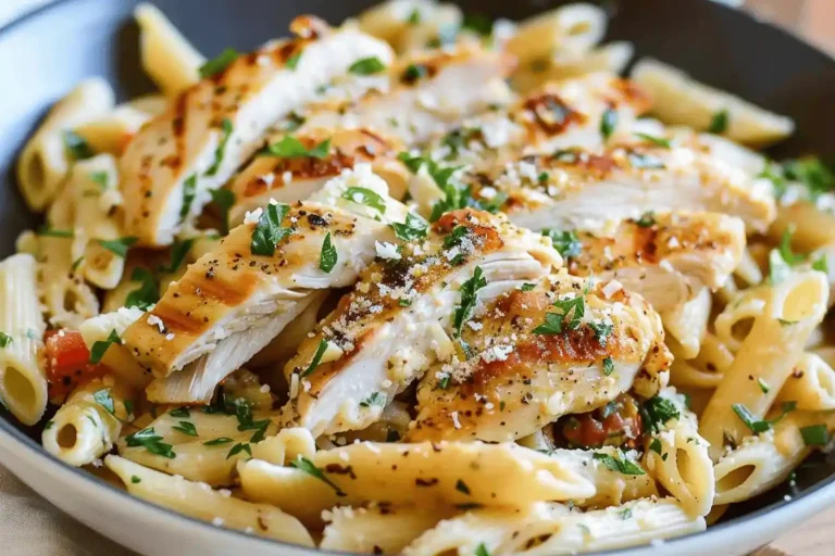 Plated Parmesan Chicken Pasta with grilled chicken, creamy sauce, and herbs.
