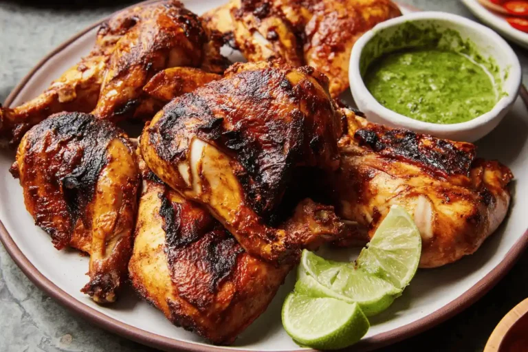 Grilled Peruvian chicken with green sauce and lime wedges on a plate.