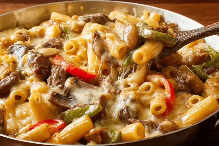 A close-up of philly cheese steak pasta with beef, bell peppers, onions, and melted cheese.