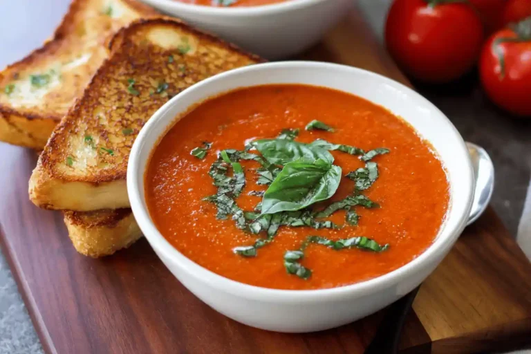 Bowl of roasted tomato basil soup with basil garnish and toasted bread slices.
