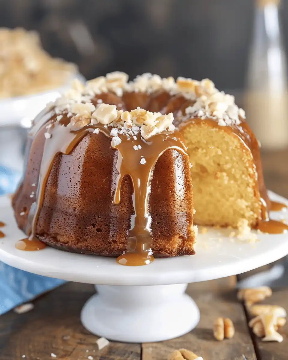 Moist salted caramel Kentucky butter cake drizzled with caramel sauce and topped with chopped nuts.
