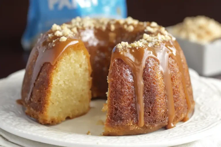 Slice of salted caramel Kentucky butter cake with caramel drizzle and chopped nuts.
