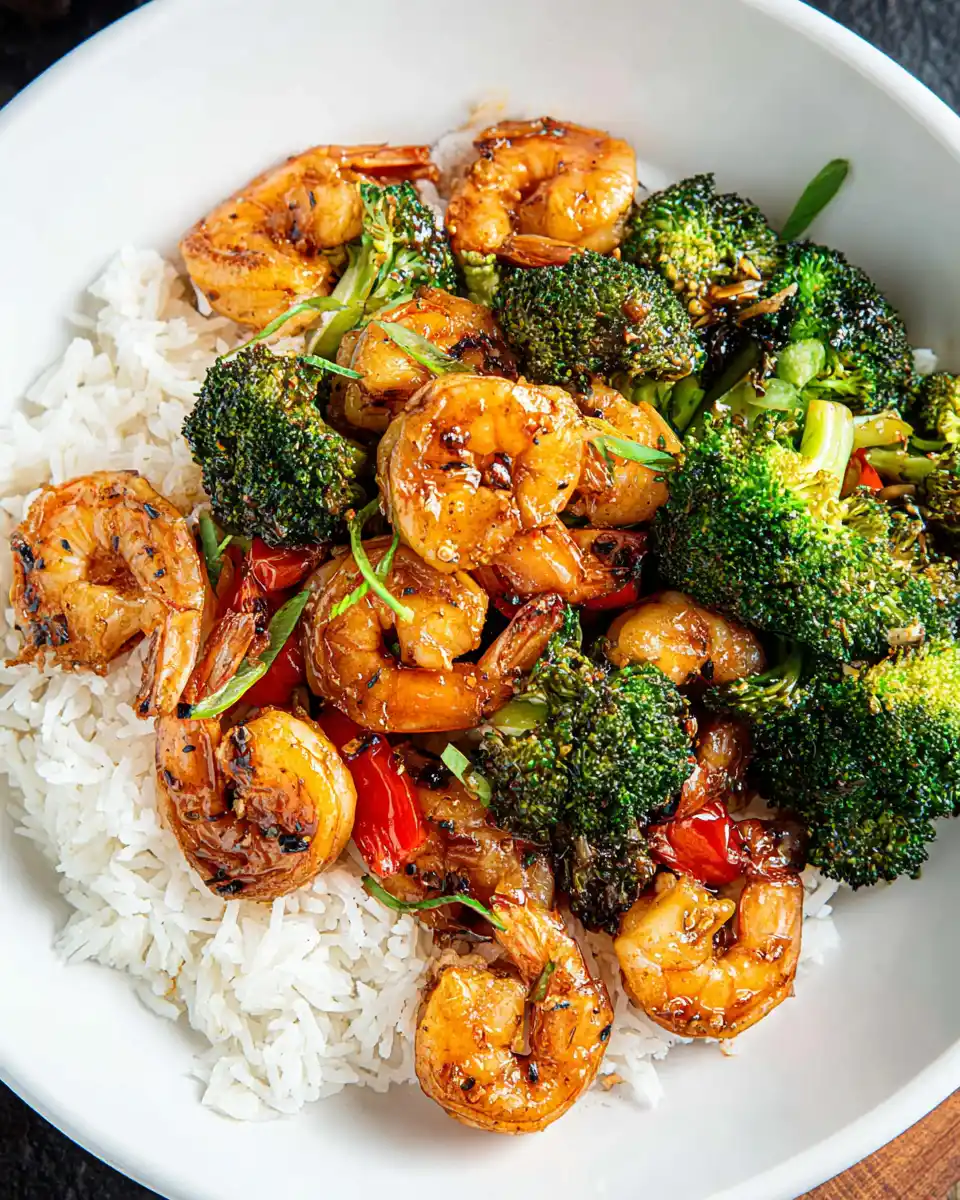 Stir-fried shrimp and broccoli served over white rice with a savory garlic sauce.