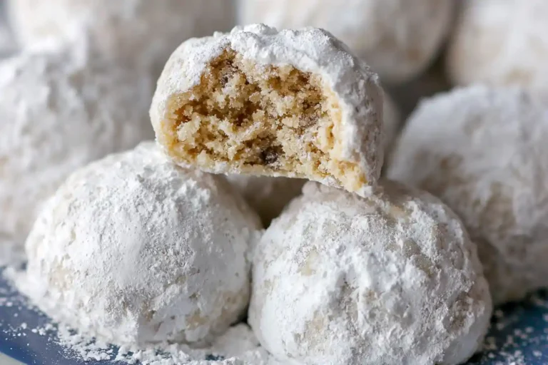A close-up shot of several perfectly round, powdered sugar-dusted snowball cookies piled on a white plate.