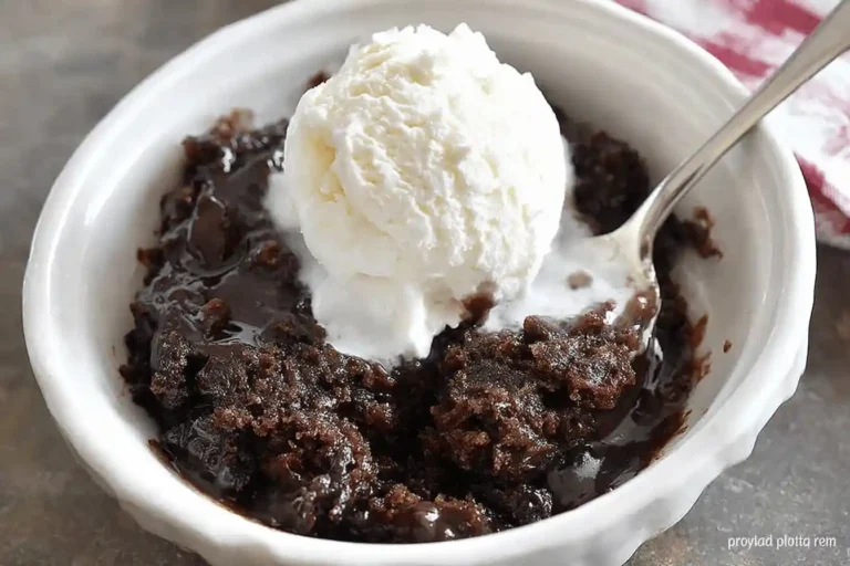 Southern chocolate cobbler served with vanilla ice cream in a white bowl.