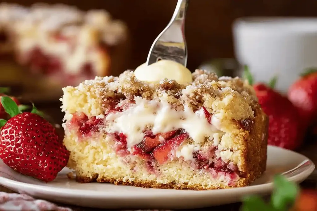 Close-up of strawberries and cream coffee cake with cream and fresh strawberries.