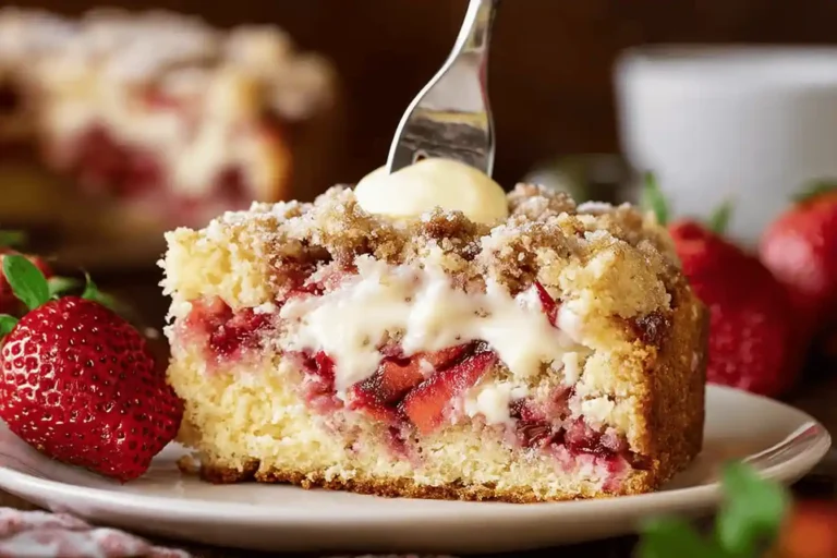Close-up of strawberries and cream coffee cake with cream and fresh strawberries.