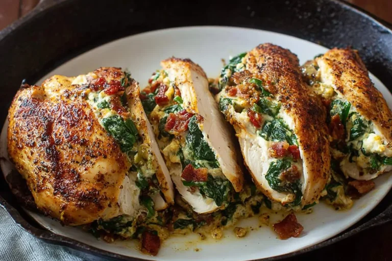 Golden-brown pan-seared stuffed chicken breast, sliced to show a rich spinach, cheese, and bacon filling in a cast iron skillet.