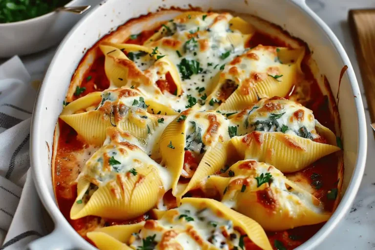 Baked stuffed shells with ricotta and spinach, topped with melted cheese and herbs in a tomato sauce.