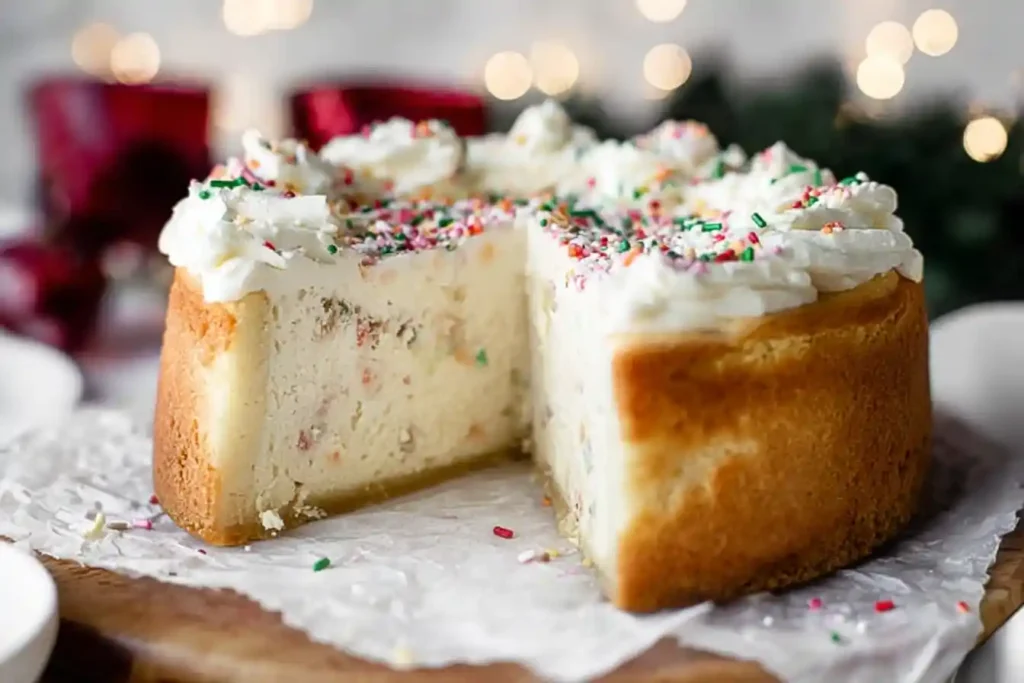 A perfectly sliced Sugar Cookie Cheesecake sits on a white plate, adorned with colorful sprinkles and a swirl of creamy topping.
