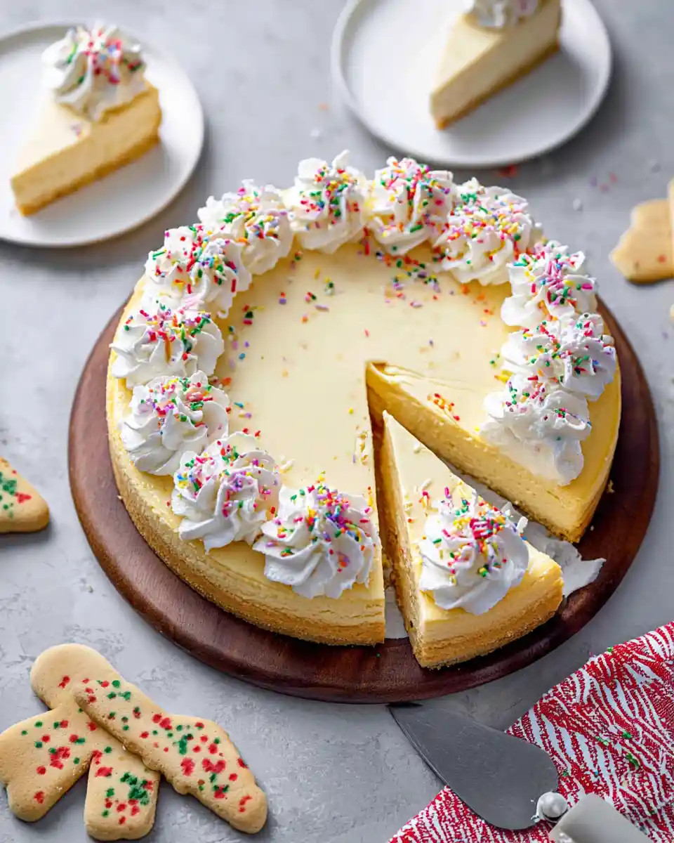 A festive, frosted Sugar Cookie Cheesecake with sprinkles sits on a white cake stand, ready to be enjoyed.