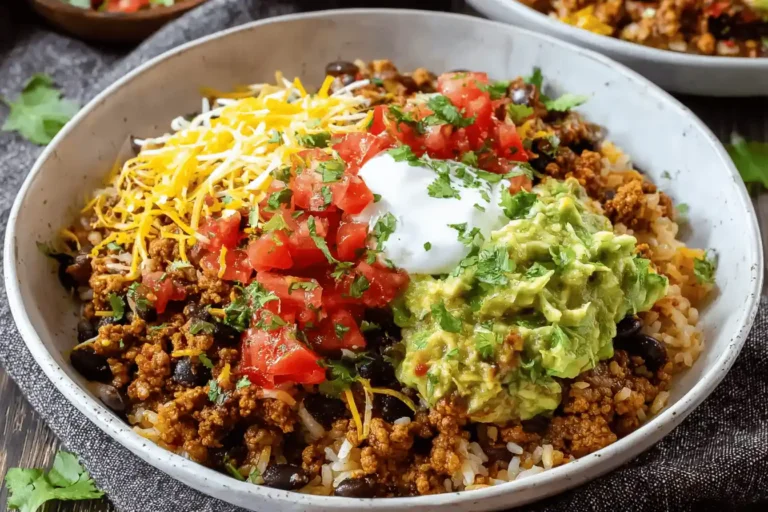 Taco Rice Bowl with ground beef, black beans, cheese, tomatoes, guacamole, and sour cream.