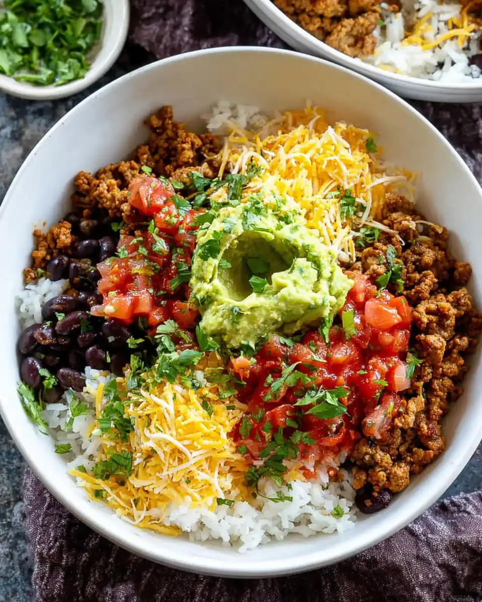 Taco Rice Bowl Recipe Taco rice bowl with seasoned ground beef, black beans, rice, guacamole, salsa, sour cream, and shredded cheese.