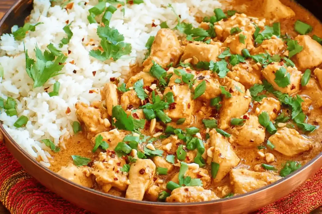 Plate of Thai peanut chicken with white rice, cilantro, and crushed peanuts.