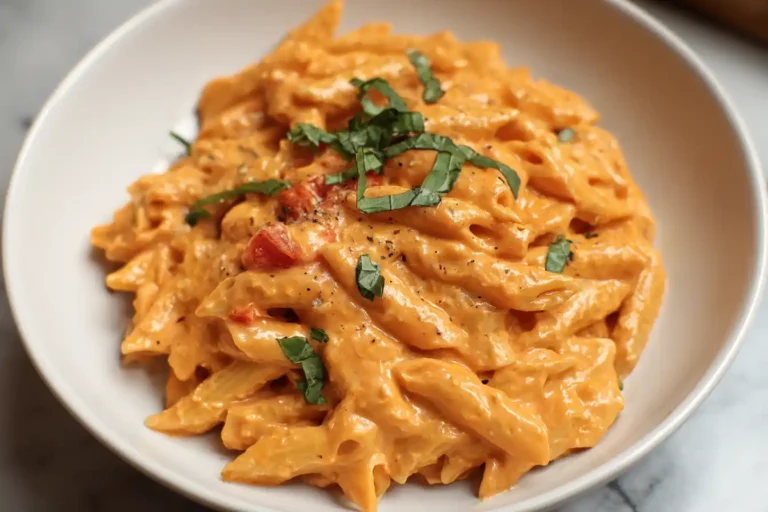 Plate of creamy tomato pasta with herbs and parmesan cheese.