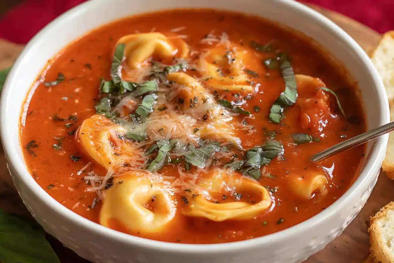 A steaming bowl of tomato tortellini soup, garnished with fresh basil leaves and a swirl of cream, sits on a rustic table.