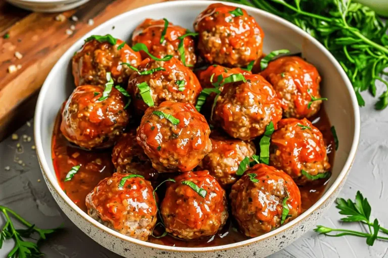 Plate of turkey meatballs in tomato sauce with fresh herbs.