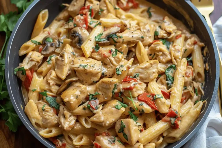 A pan filled with Tuscan chicken pasta, showcasing chicken pieces, penne pasta, creamy sauce, and herbs.